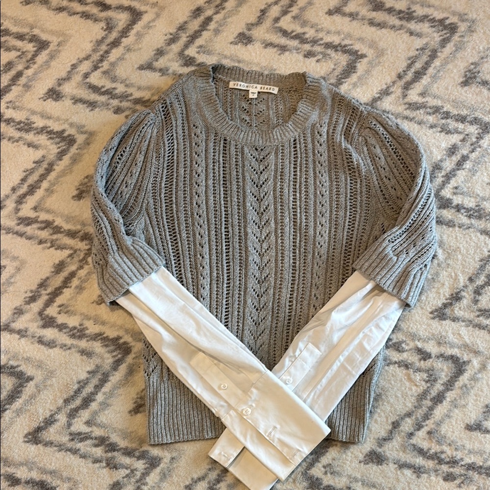 Veronica Beard Gray and White Crew Neck Sweater